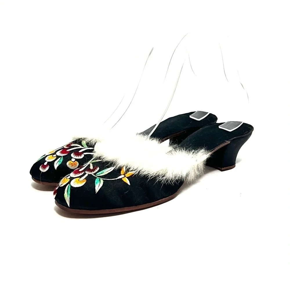 Antique 1920s black silk satin fur trim floral embroidered boudoir slippers